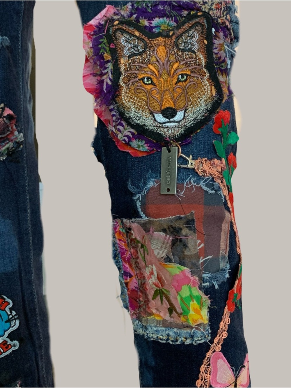 Upcycled Patchwork and Patched Embellished Dark Blue Cigarette Cut Denim Jeans - Picture 10 of 15